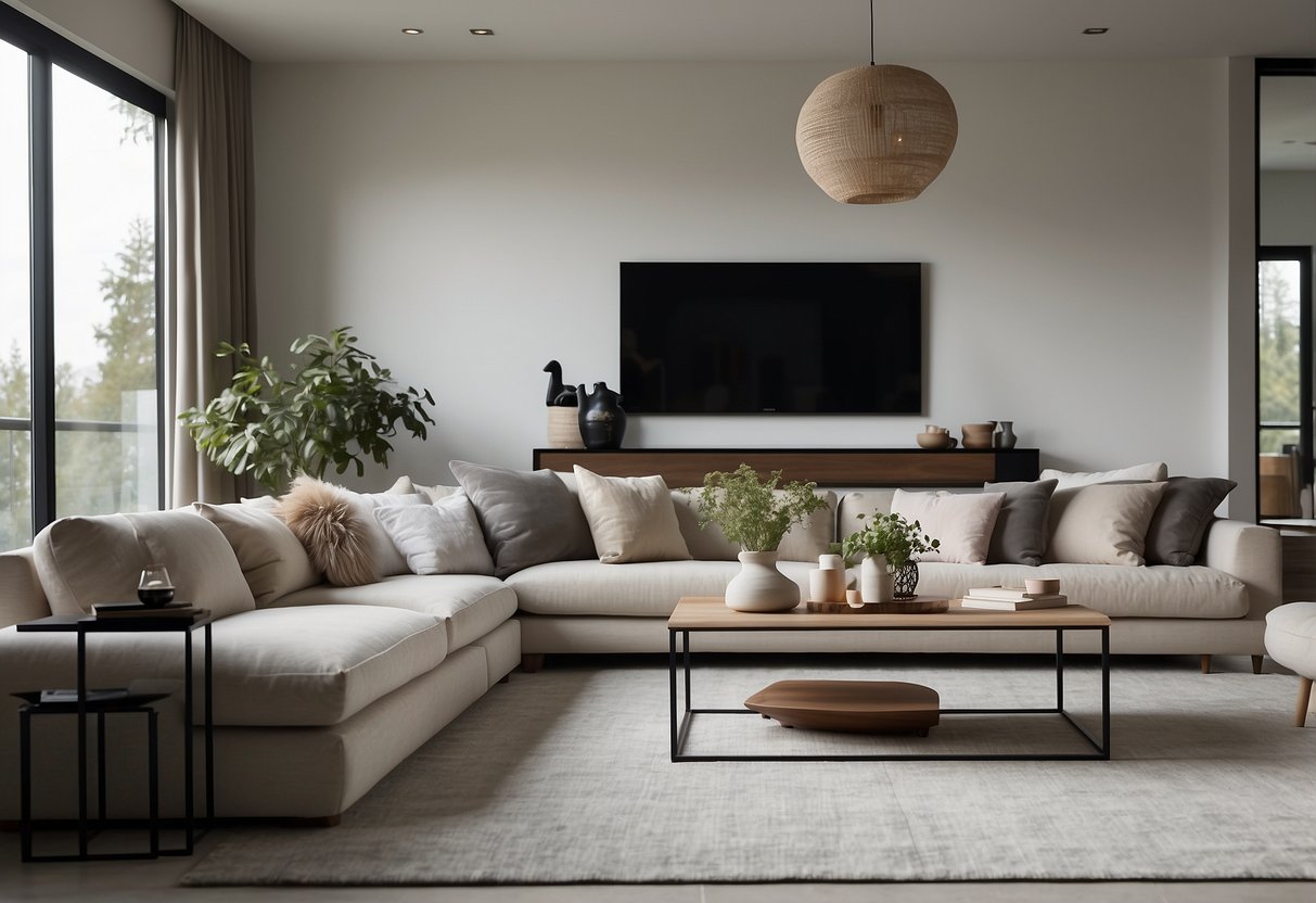 A modern living room with sleek, minimalist furniture. Clean lines and neutral colors create a contemporary and inviting space
