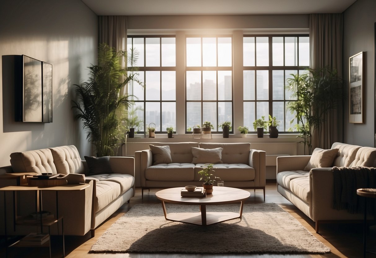 A well-lit room with modern furniture, casting soft shadows