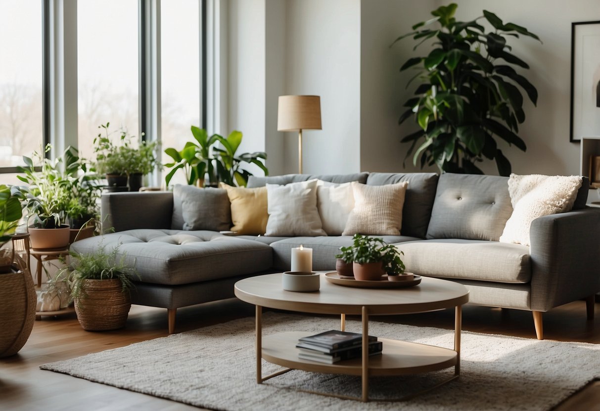 A cozy living room with modern furniture, including a comfortable sofa, a sleek coffee table, and a stylish armchair. The room is filled with natural light from large windows, and there are plants and decorative accents scattered throughout
