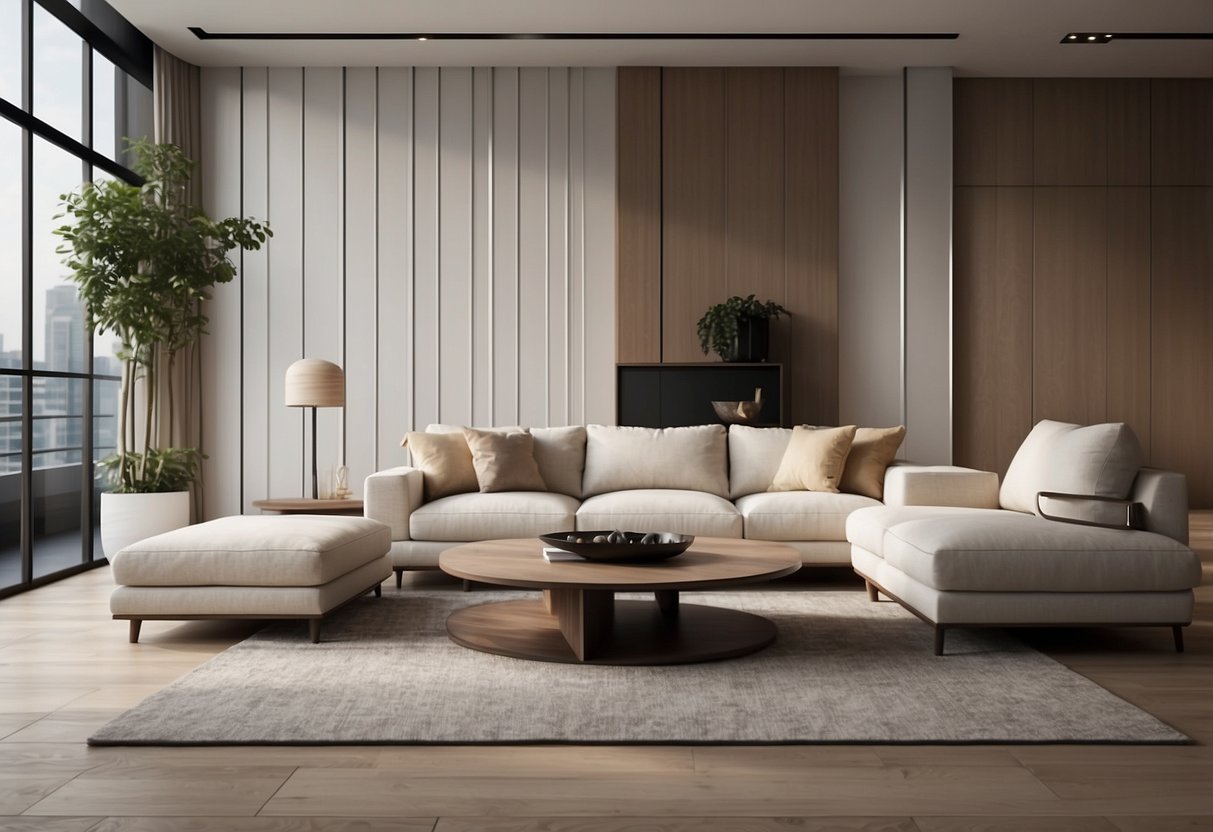 A modern living room with sleek, minimalist Kian furniture in Singapore. Clean lines, neutral colors, and a sense of sophistication