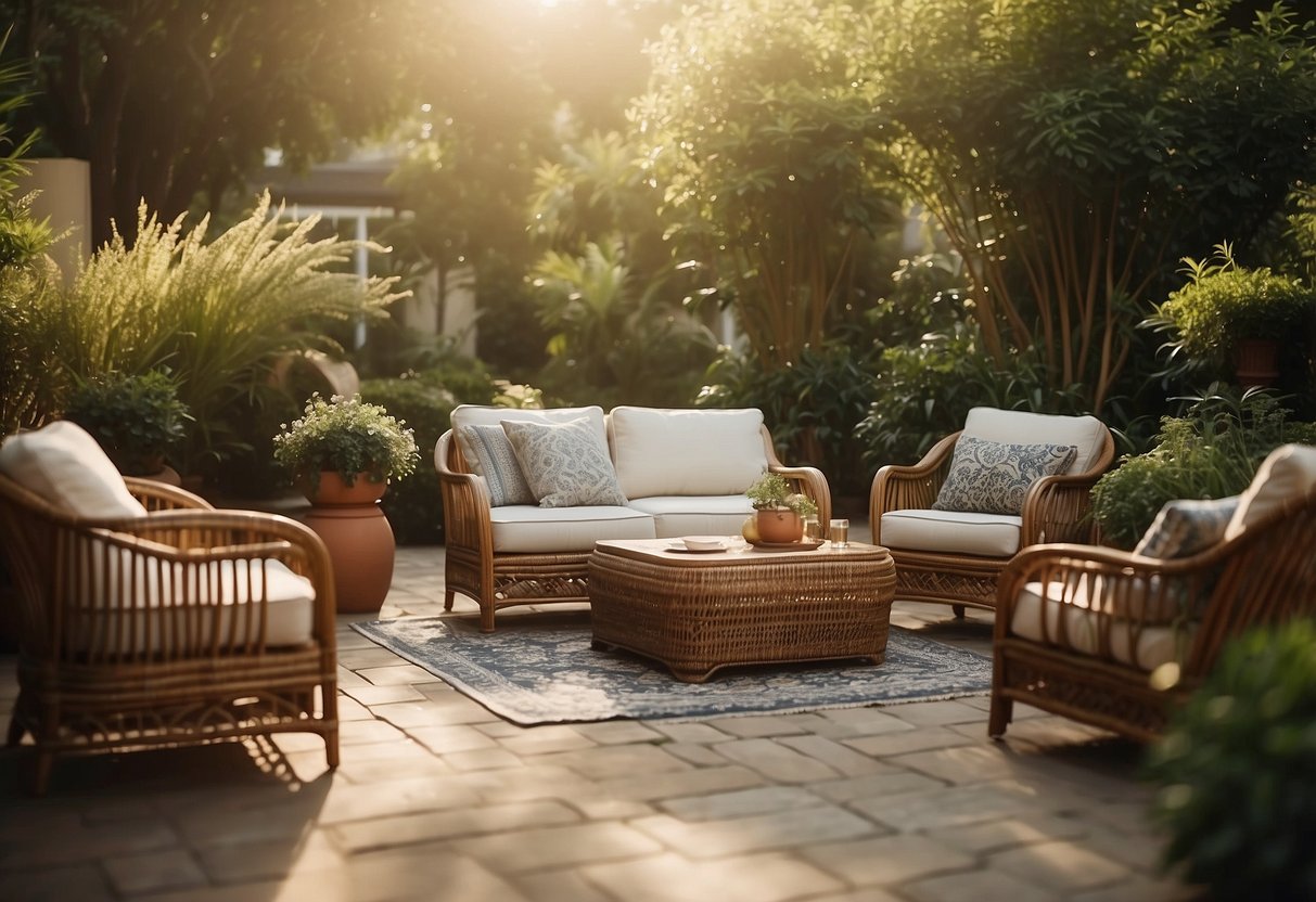 A cozy outdoor patio with custom rattan furniture arranged in a conversational setting, surrounded by lush greenery and bathed in warm sunlight