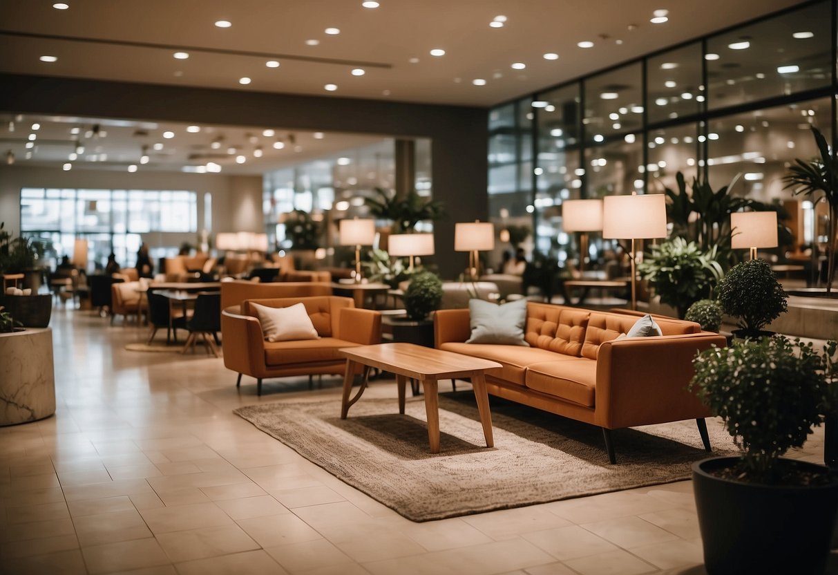 A bustling furniture mall with modern displays and cozy seating areas. Bright lighting and vibrant decor create an inviting atmosphere for shoppers