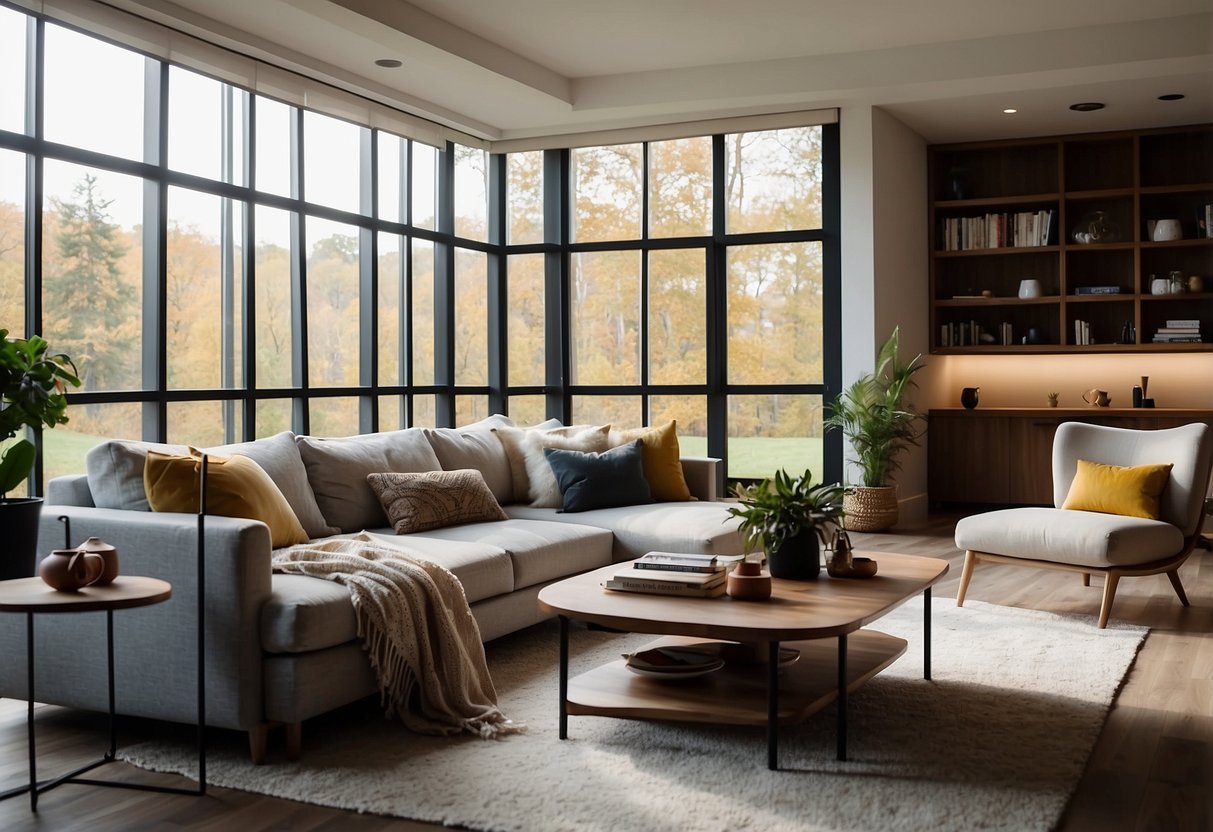 A cozy living room with modern UMD Life furniture, soft lighting, and a view of nature through large windows