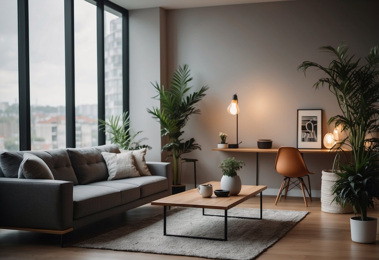 A well-lit room with modern furniture arranged in a stylish and inviting manner