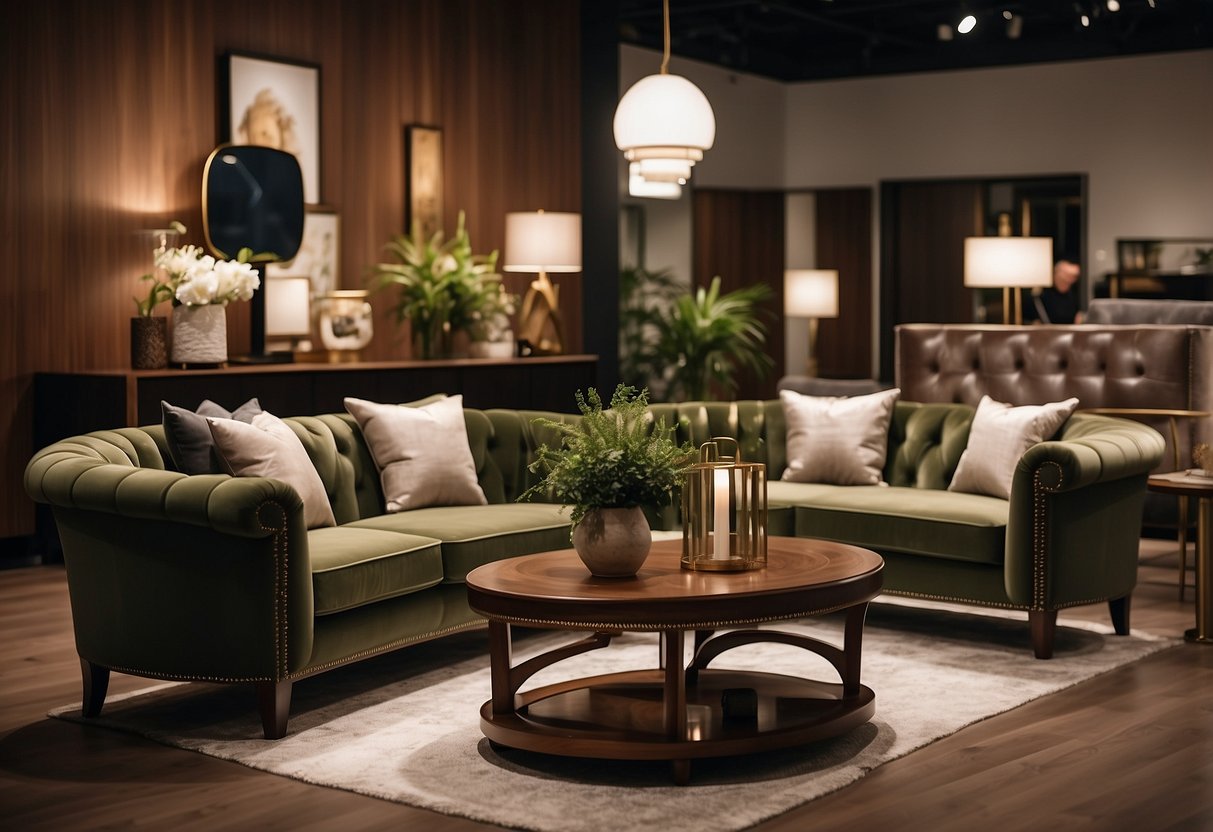 Customers browse luxurious furniture in elegant showrooms, admiring fine craftsmanship and high-quality materials. Rich wood finishes and plush upholstery create a sophisticated atmosphere