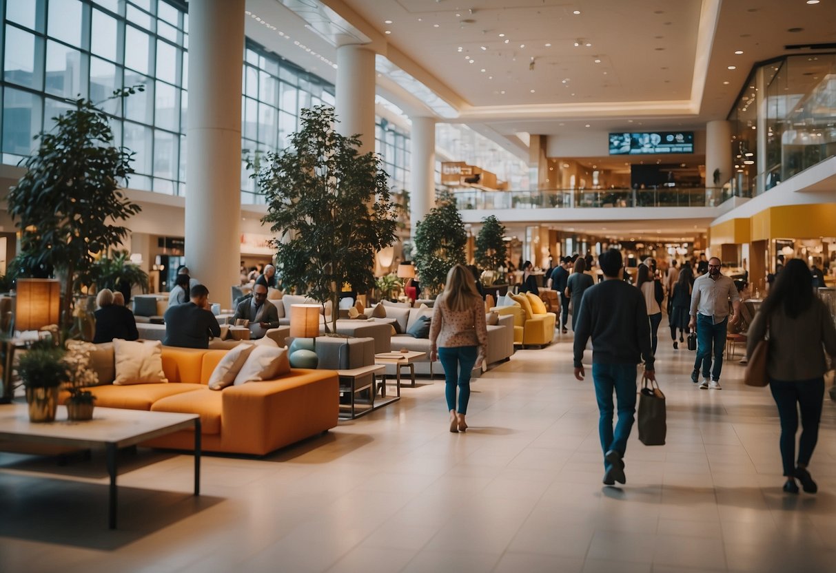 A bustling furniture mall with colorful displays and busy shoppers browsing through various showrooms