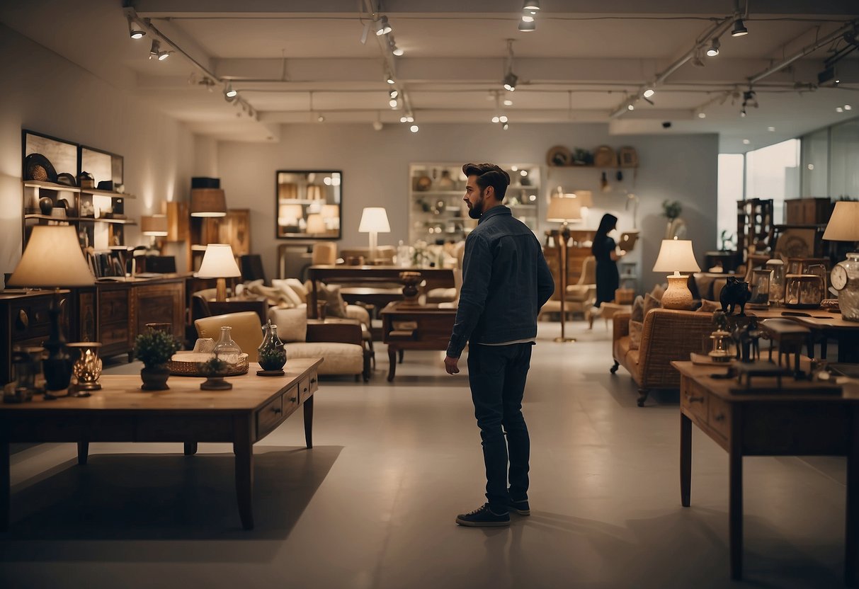 A person stands in a room filled with various furniture options, looking at different pieces and considering their choices