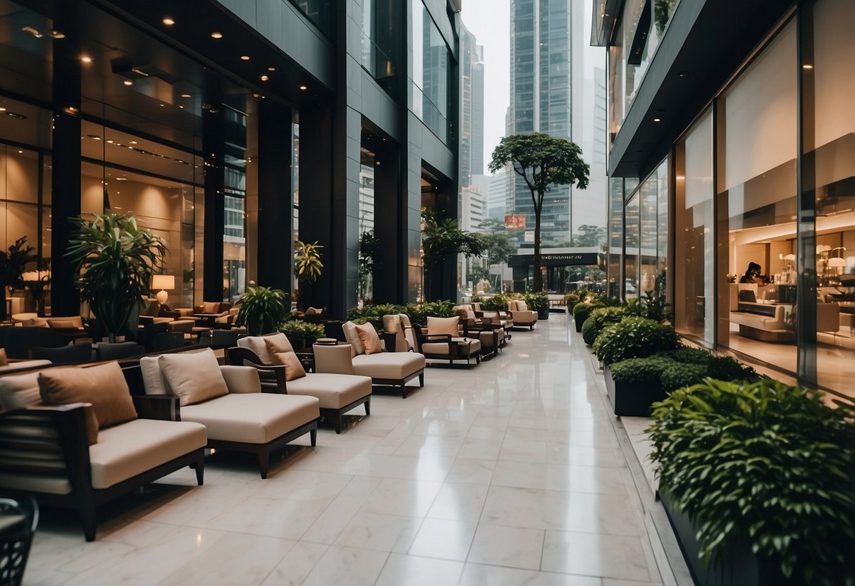 A bustling street lined with sleek, modern furniture stores in Singapore's upscale district. Shiny window displays showcase elegant sofas, designer tables, and luxurious decor