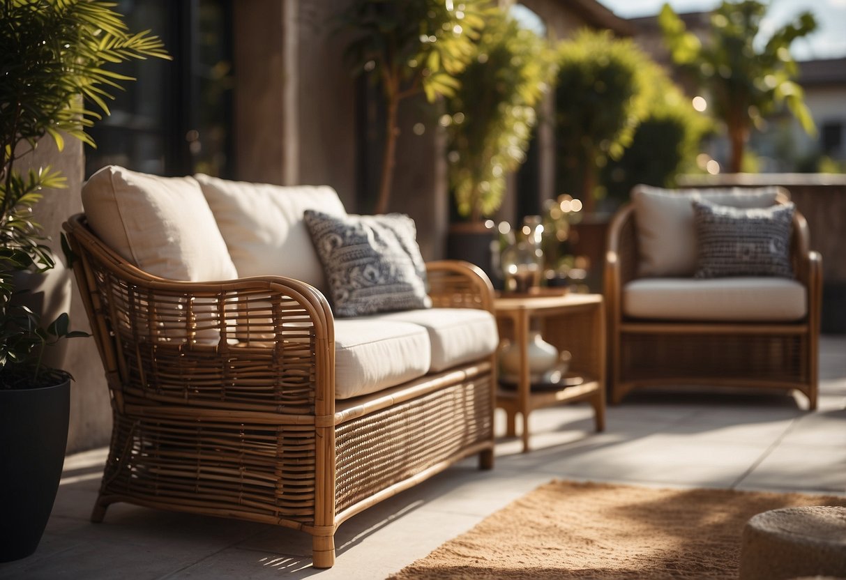 A cozy outdoor patio with a variety of custom rattan furniture pieces arranged in a stylish and inviting manner. The sun is shining, casting a warm glow on the elegant designs