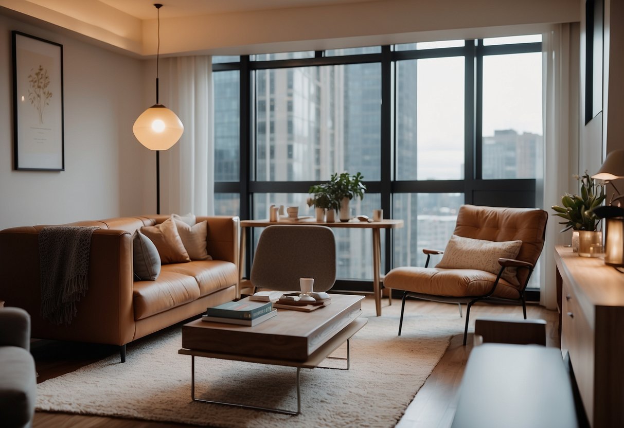 A well-lit room with modern furniture, including a sleek desk, comfortable chairs, and a cozy reading nook. The lighting is soft and inviting, creating a warm and welcoming atmosphere