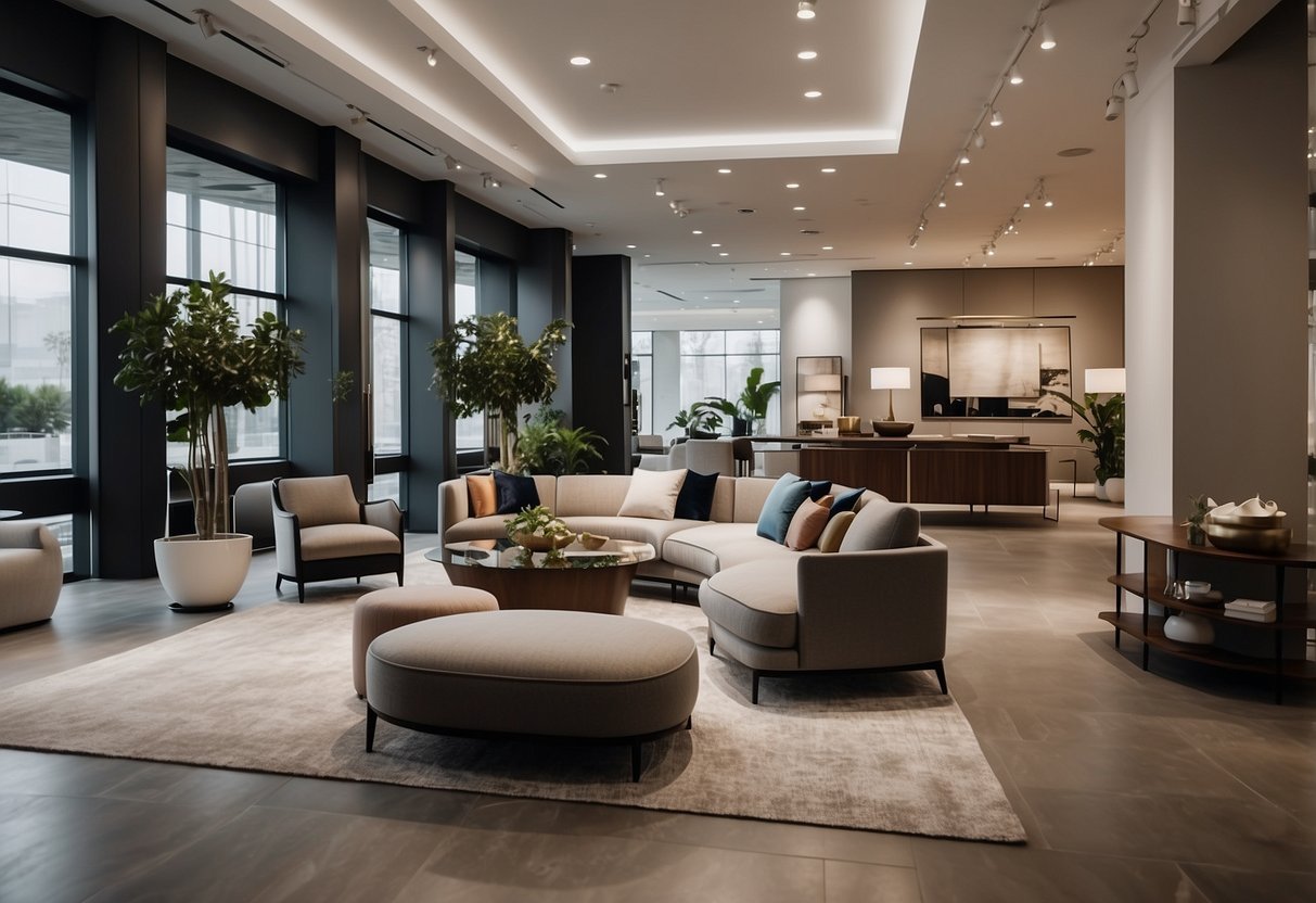 A sleek, modern furniture showroom with clean lines and minimalist design. Displayed pieces are expertly crafted and arranged in an inviting space