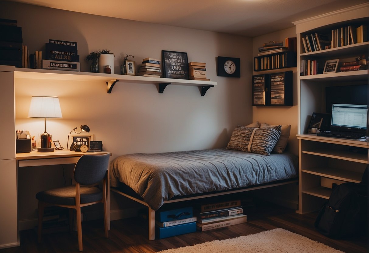 A cozy dorm room with a desk, bed, and bookshelf. A laptop and textbooks are on the desk, while a comfortable chair sits nearby