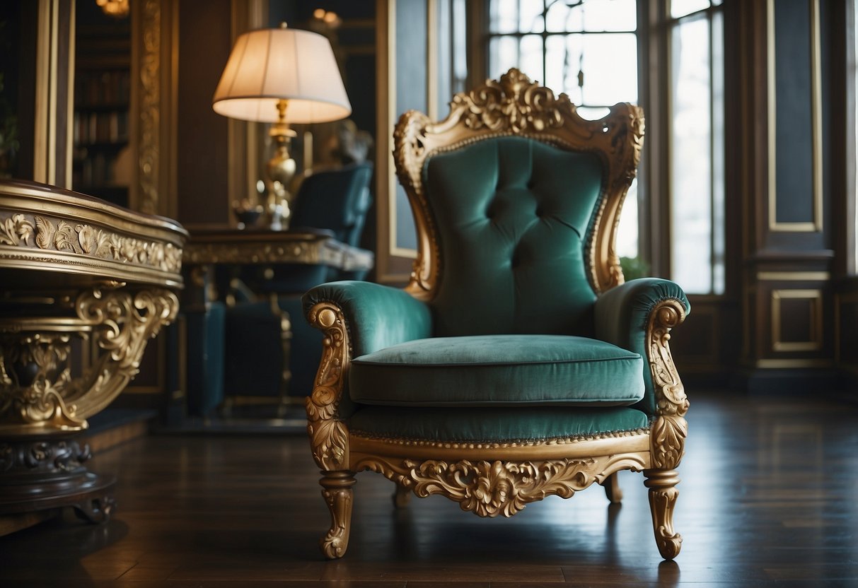 A grand, ornate chair sits beside a regal, carved table, surrounded by opulent furnishings and luxurious decor