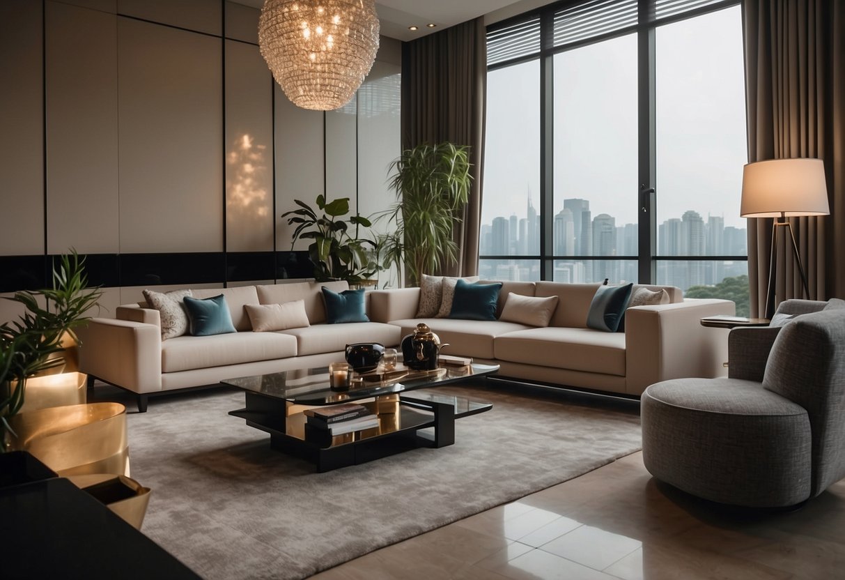 A cozy living room with modern Kian furniture in Singapore, featuring a sleek sofa, stylish coffee table, and elegant lighting fixtures
