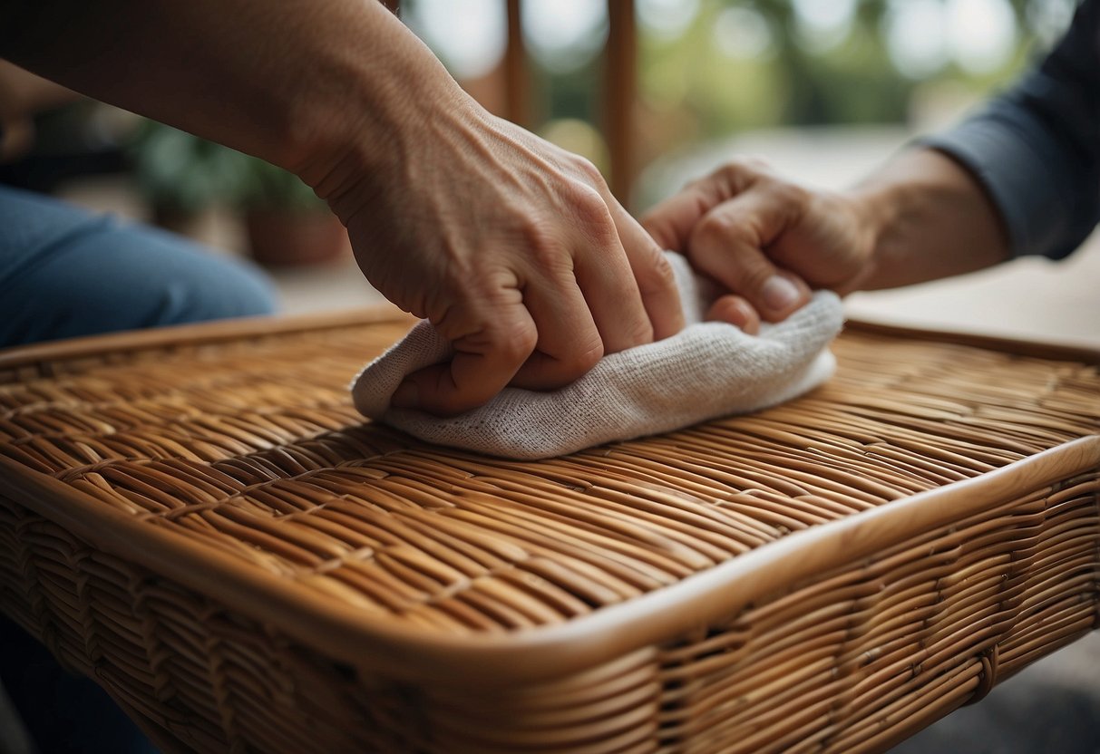 A person customizes and cares for rattan furniture, applying varnish and gently wiping with a cloth