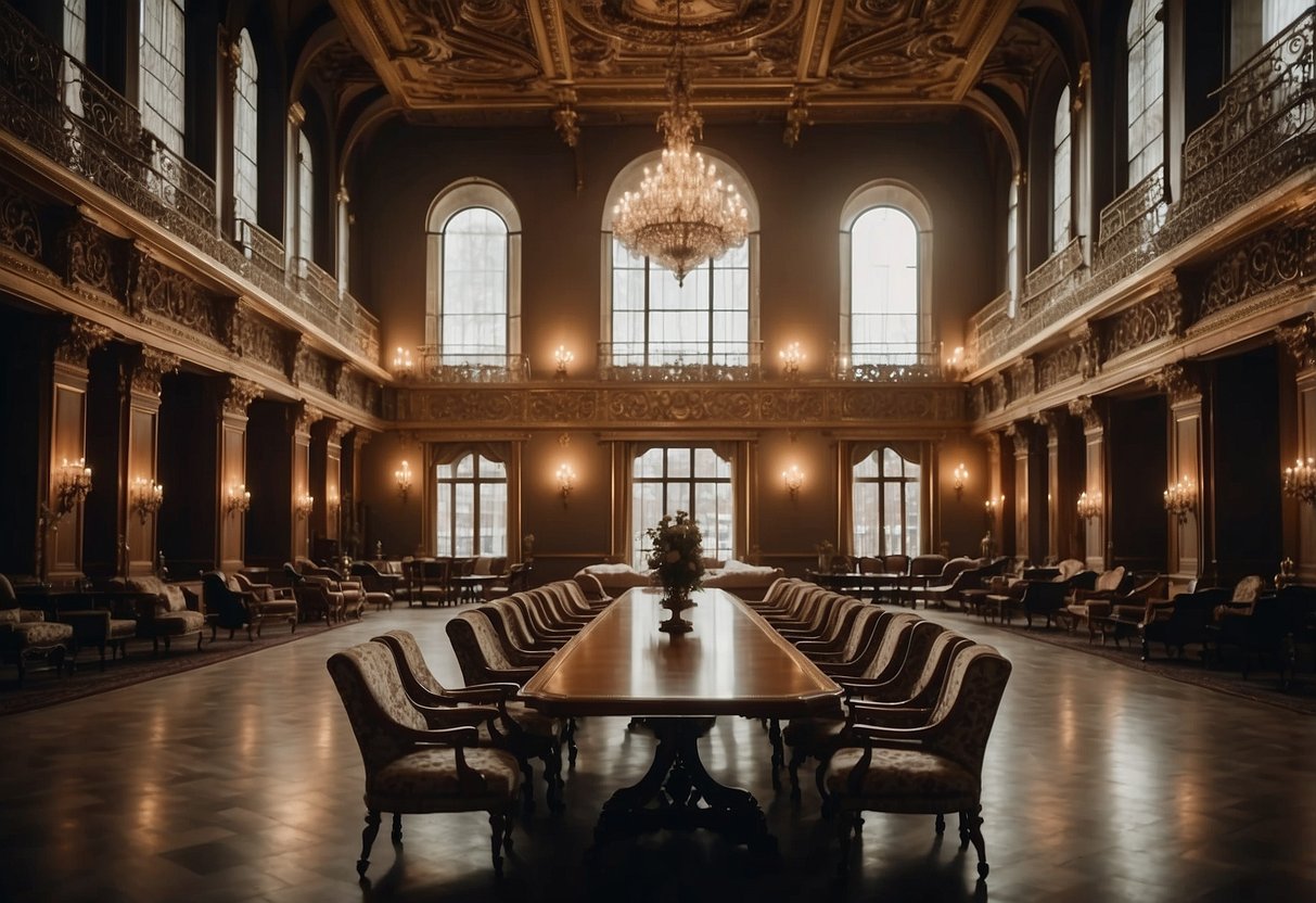 A grand hall filled with ornate chairs, elegant tables, and luxurious sofas. Rich fabrics and intricate carvings adorn each piece, creating a sense of opulence and grandeur
