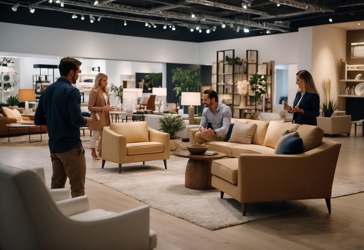 Customers browsing elegant furniture displays in a spacious, well-lit showroom. Staff assisting with inquiries and guiding visitors through the store