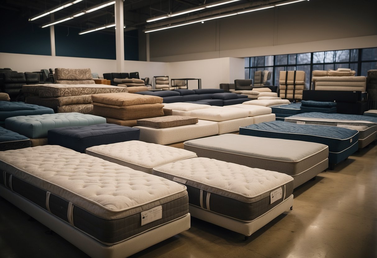 A showroom displays various mattresses at the furniture mart