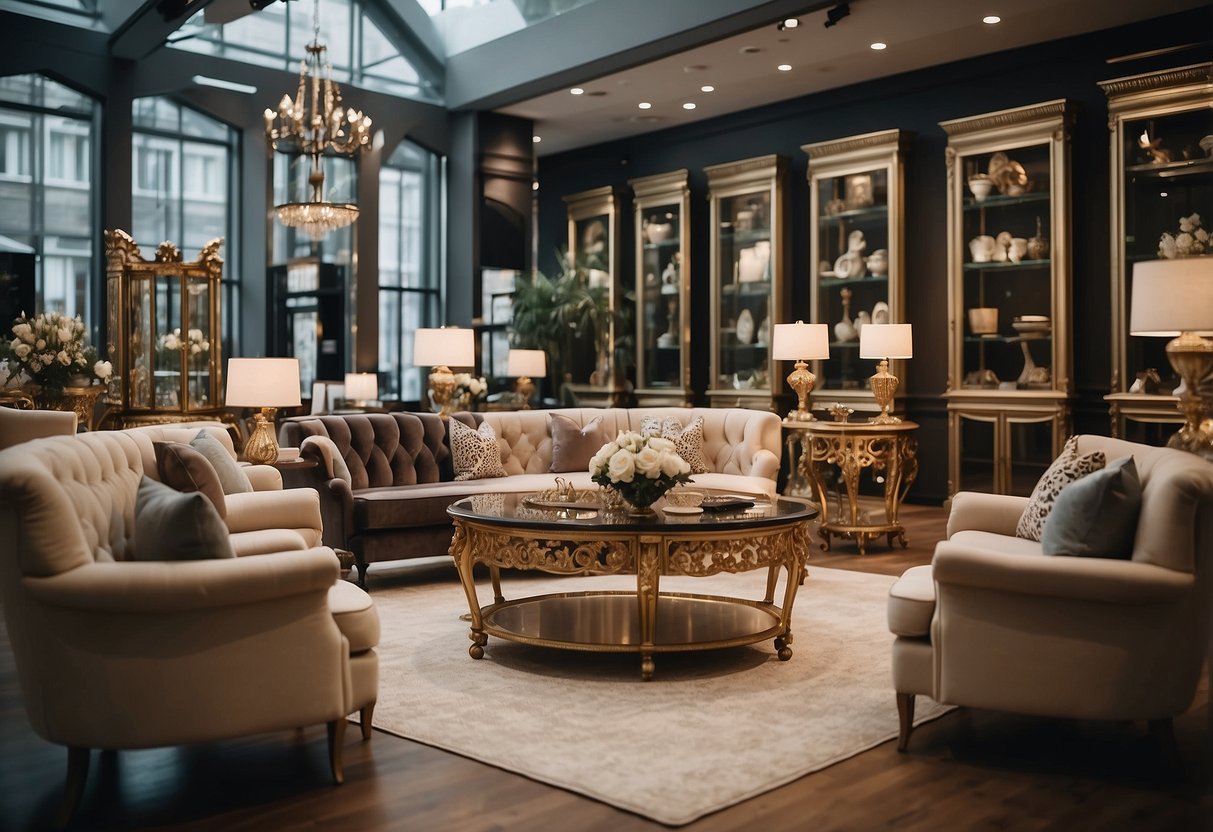 A grand, ornate furniture showroom with elegant pieces on display, customers browsing, and staff assisting