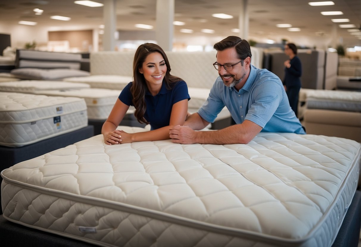 Customers compare mattress types at Furniture Mart. Innerspring, memory foam, and hybrid varieties on display. Brightly lit showroom with neatly arranged mattresses