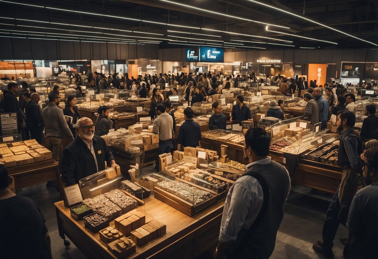 A crowded furniture market with various vendors displaying their products and interacting with potential customers. Data charts and graphs are visible, indicating market analysis