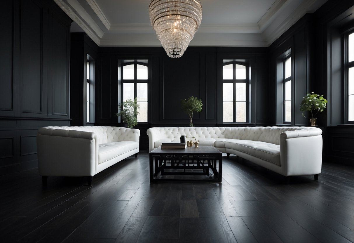 A dark floor contrasts with white furniture