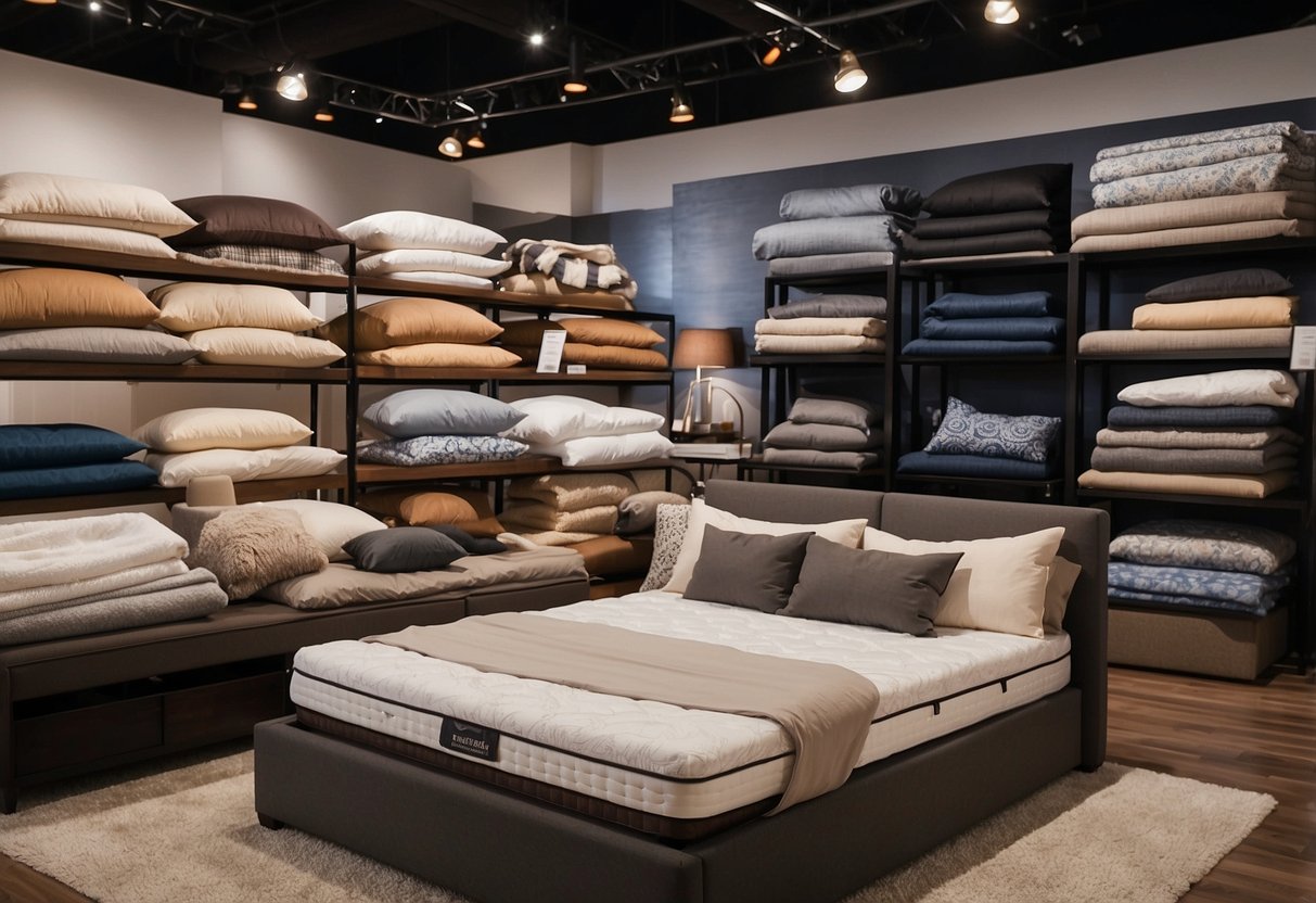 A display of top mattress brands at a furniture mart, with plush pillows and cozy blankets. The scene exudes comfort and relaxation, inviting customers to experience a blissful sleep