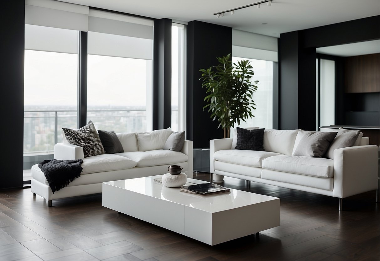 A dark wood floor contrasts with white furniture in a modern, minimalist living room