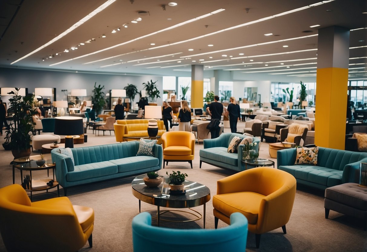 A bustling showroom with vibrant furniture displays and eager shoppers browsing the living furniture sale