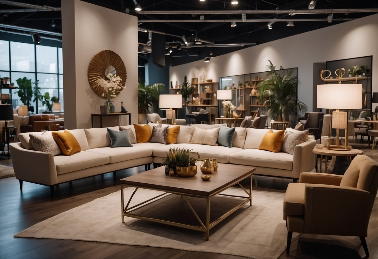 A bustling furniture showroom with diverse products and customers, showcasing market trends and competitive dynamics