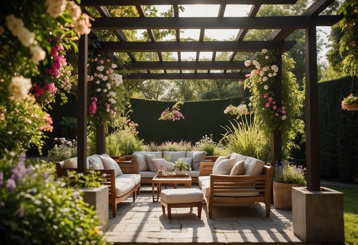 A sprawling garden with elegant, high-end furniture arranged under a pergola, surrounded by lush greenery and blooming flowers