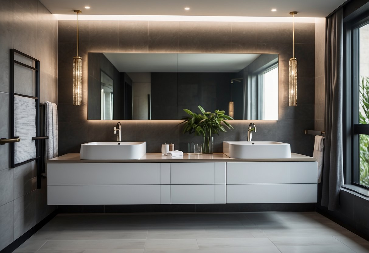 A modern bathroom with sleek, minimalist furniture and clean lines. The space exudes a sense of luxury and sophistication, with a focus on functionality and contemporary design