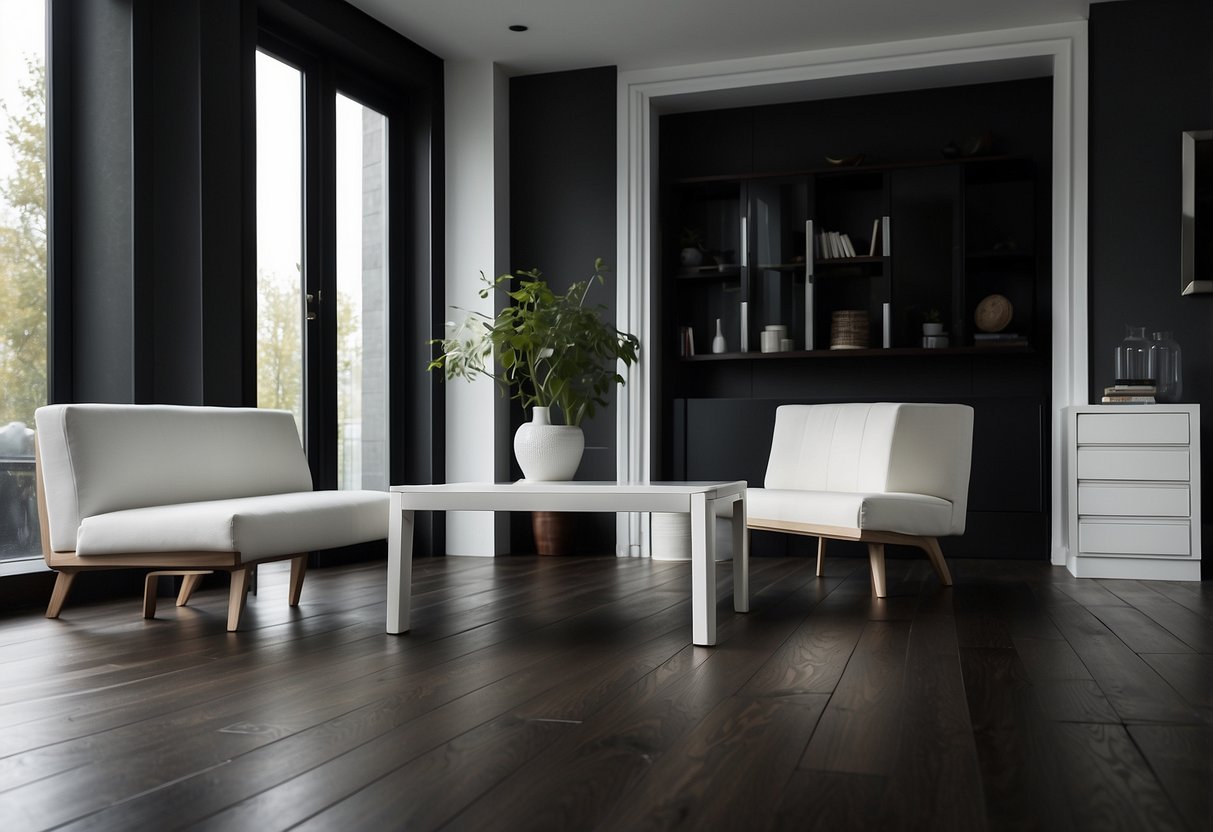 A dark wooden floor contrasts with white furniture, creating a sense of harmony and depth