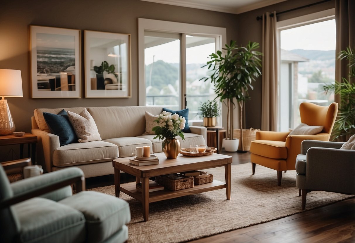 A cozy living room with a plush sofa, elegant coffee table, and stylish armchairs on sale. Bright lighting and vibrant decor complete the inviting space