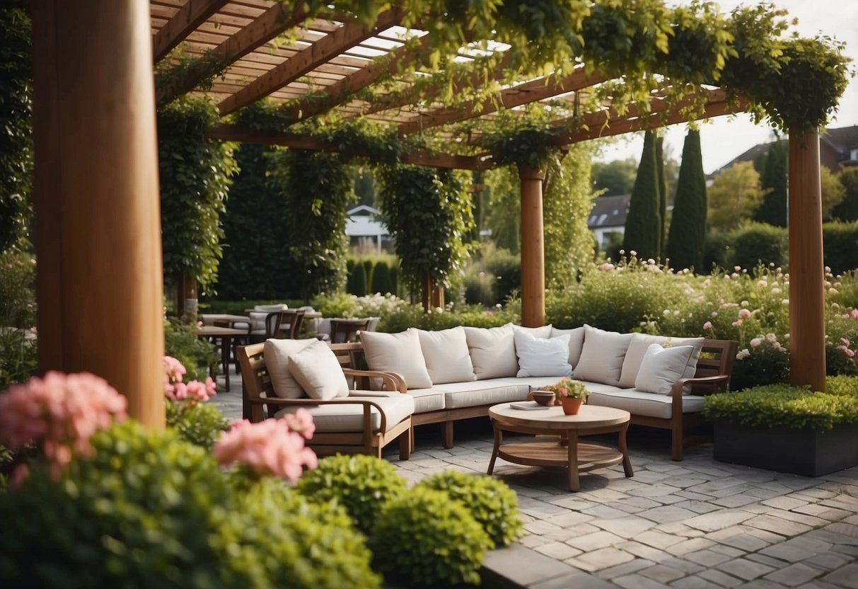A lush garden with elegant, modern furniture arranged under a pergola, surrounded by vibrant flowers and manicured hedges