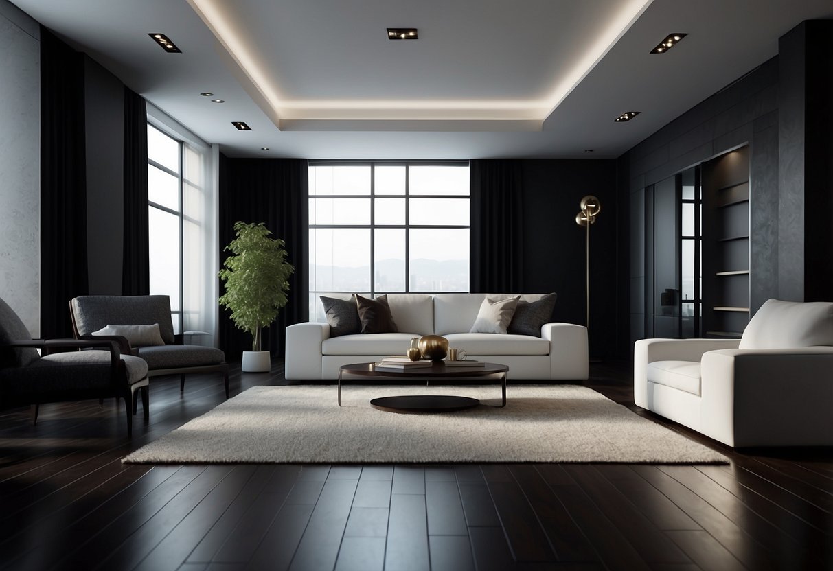 A dimly lit room with dark flooring and minimalistic white furniture arranged neatly