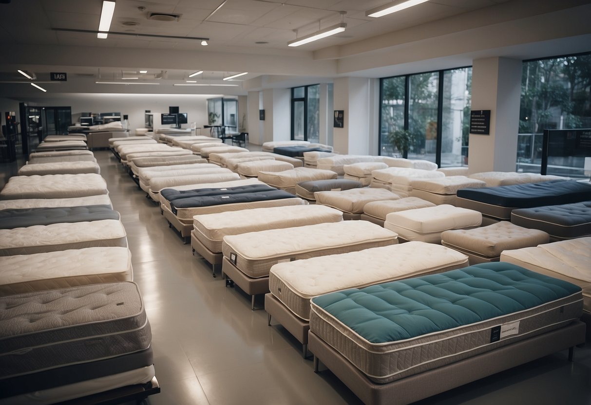 A showroom with rows of mattresses, labeled with "Frequently Asked Questions" signs, and customers testing comfort