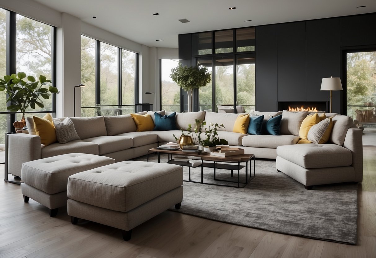 A modern living room with sleek, minimalist furniture and clean lines. A neutral color palette with pops of bold, accent colors