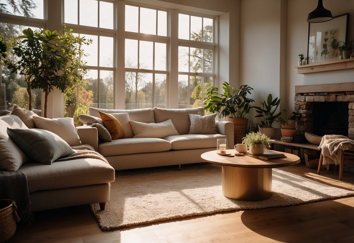 A cozy living room with a comfortable sofa, stylish coffee table, and soft rug. Sunlight streams in through the window, casting a warm glow on the inviting space
