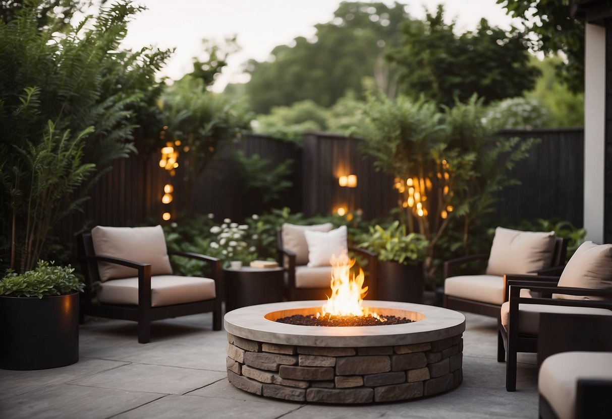 A spacious outdoor patio with comfortable, stylish furniture arranged around a fire pit and surrounded by lush greenery