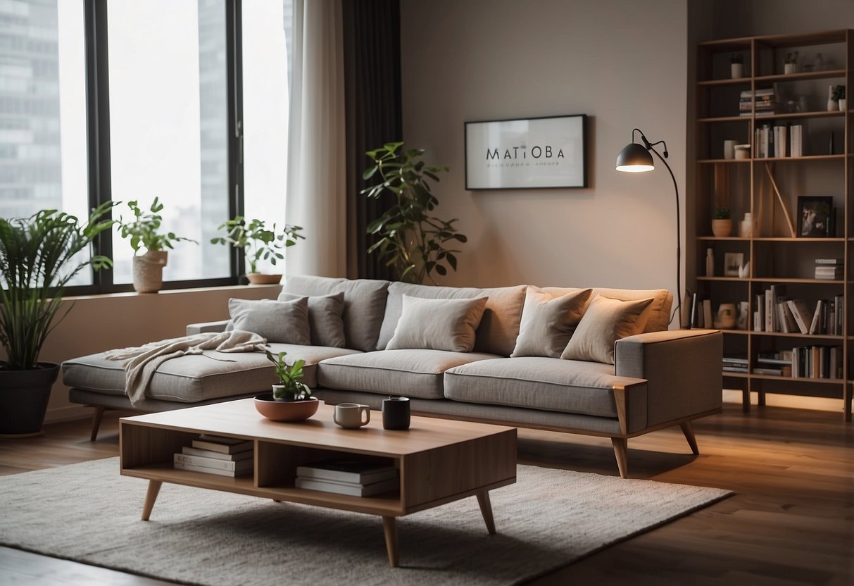A cozy living room with a Matsuoka furniture set, featuring a sleek sofa, elegant coffee table, and modern bookshelf. Warm lighting and plants add a touch of homeliness