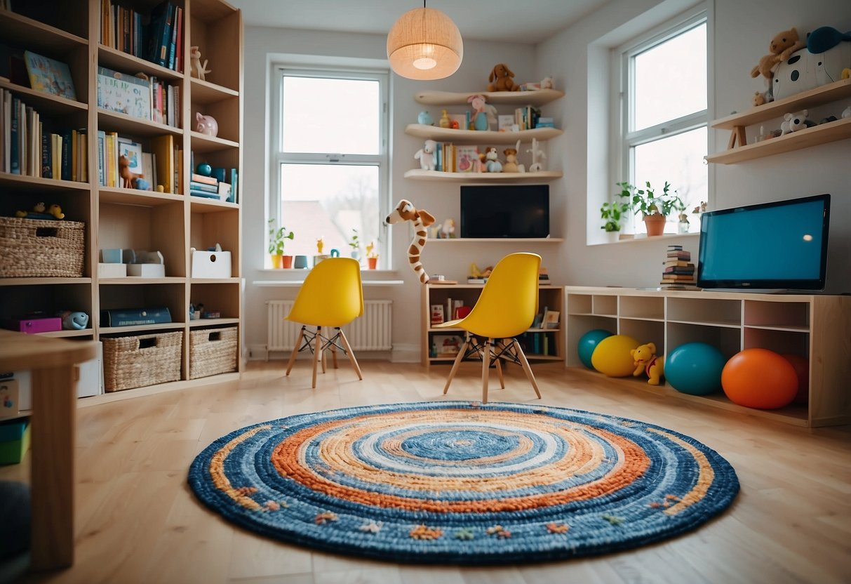 A cozy playroom with colorful Scandinavian kids furniture, including a small table and chairs, a bookshelf filled with books and toys, and a soft rug on the floor