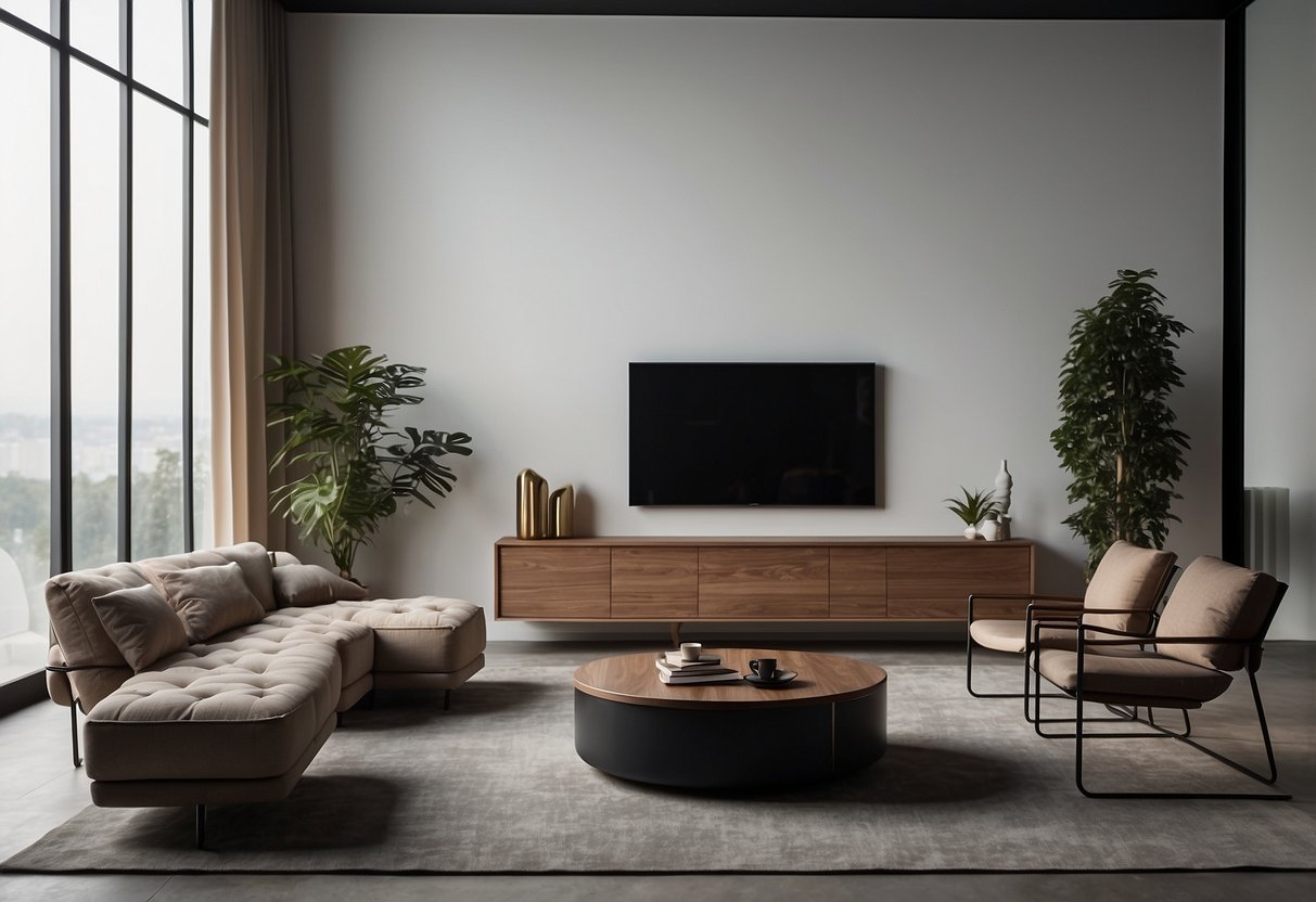 A room with a modern, minimalist design. A sleek, customizable furniture set stands in the center, surrounded by various service options