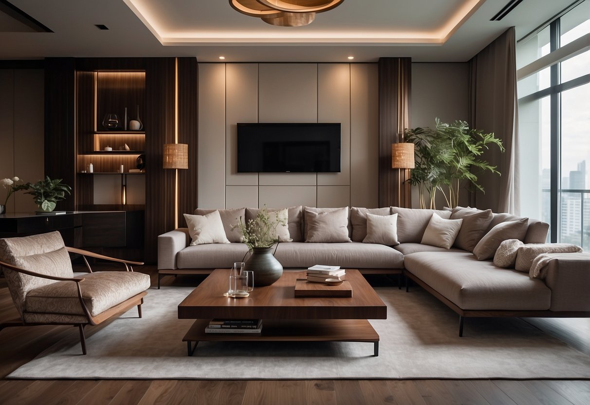 A cozy living room with Matsuoka furniture arranged in a modern yet elegant style. Soft lighting highlights the sleek lines and rich wood tones of the collection