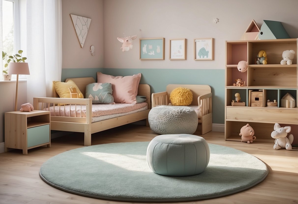 A cozy, minimalist children's room with natural wood furniture, soft pastel colors, and playful geometric patterns