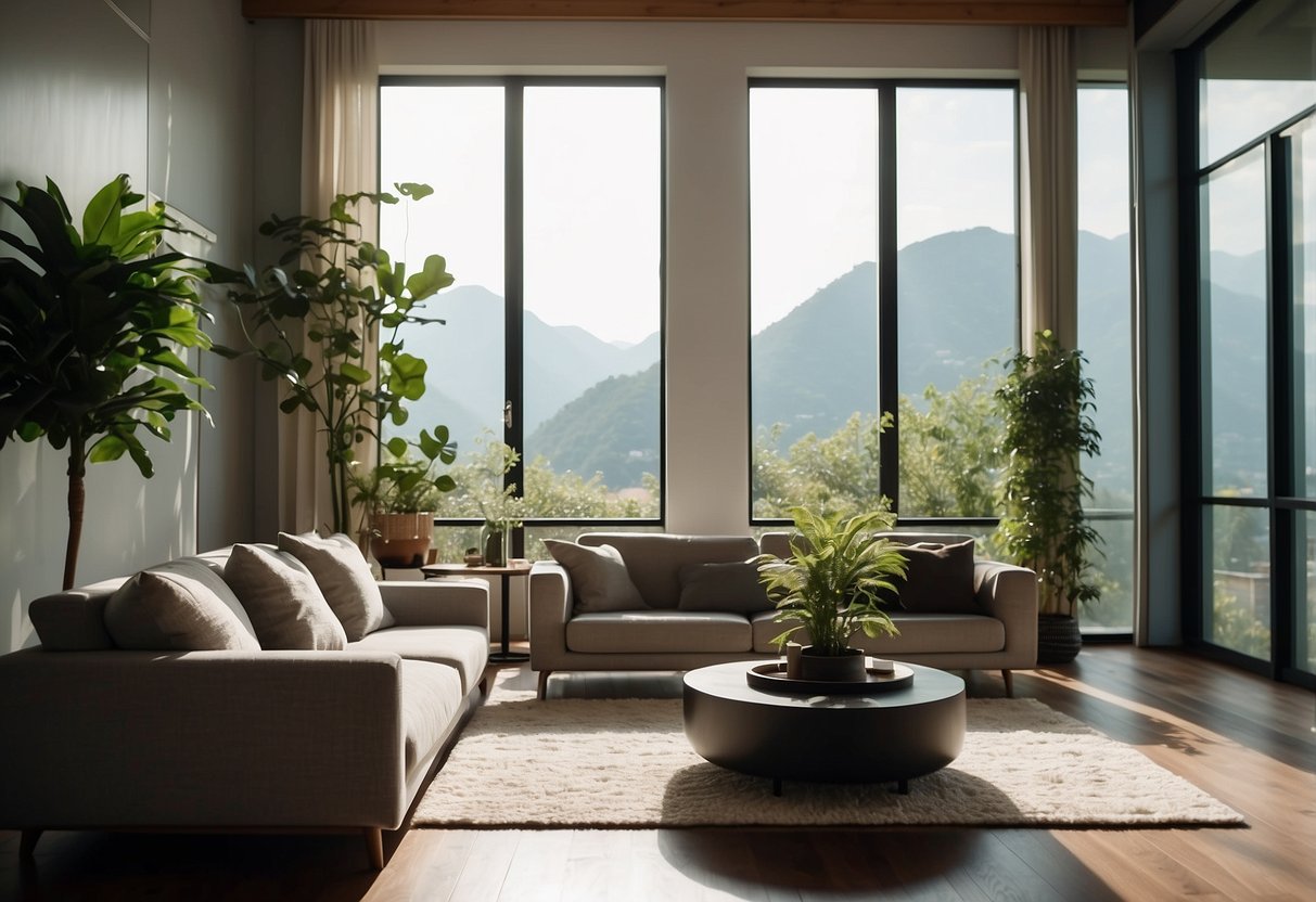 A cozy living room with modern Matsuoka furniture, soft lighting, and plants. A customer relaxes on a comfortable sofa, admiring the sleek design