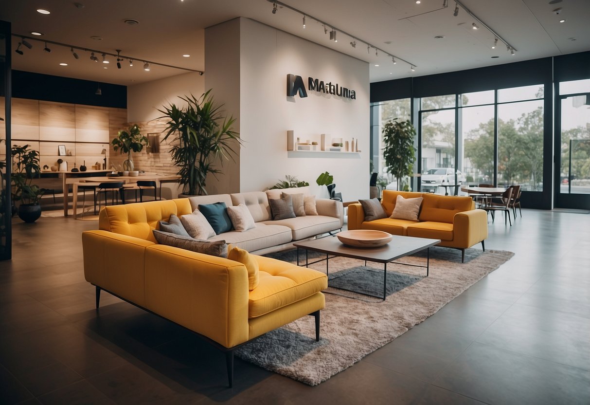 A bright, modern showroom with sleek furniture displays and a large sign reading "Frequently Asked Questions - Matsuoka Furniture" above the entrance