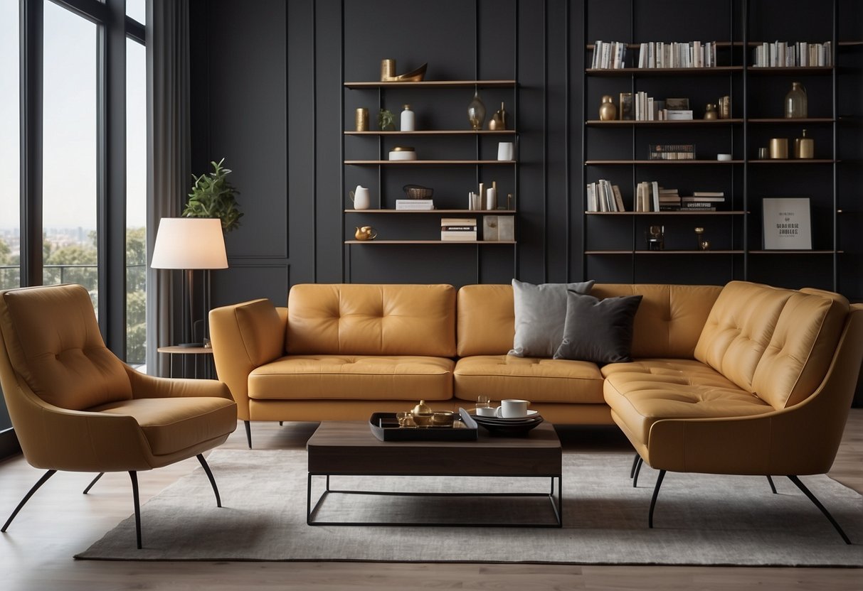 A modern living room with a sleek seti furniture set, including a sofa, coffee table, and bookshelf, arranged in a stylish and inviting manner
