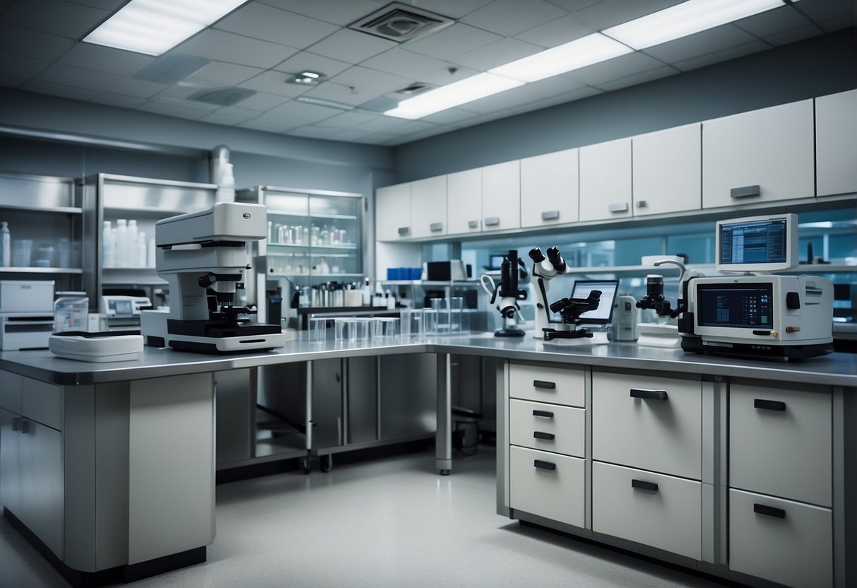 A medical laboratory with stainless steel counters, cabinets, and shelves filled with equipment and supplies. A large microscope sits on one counter
