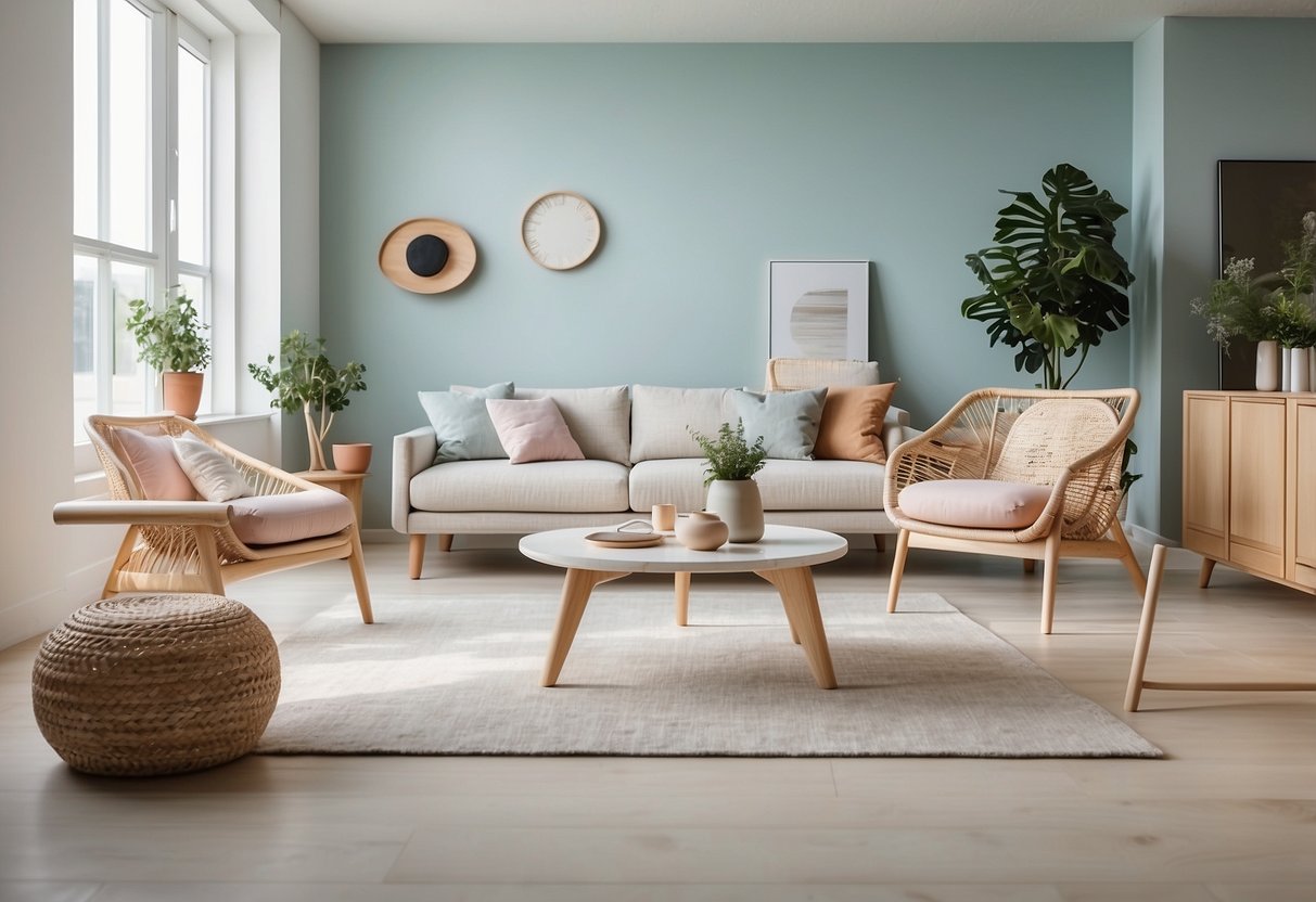 A bright and airy showroom displays minimalist Scandinavian kids furniture. Clean lines, natural materials, and pastel colors create a modern and inviting space